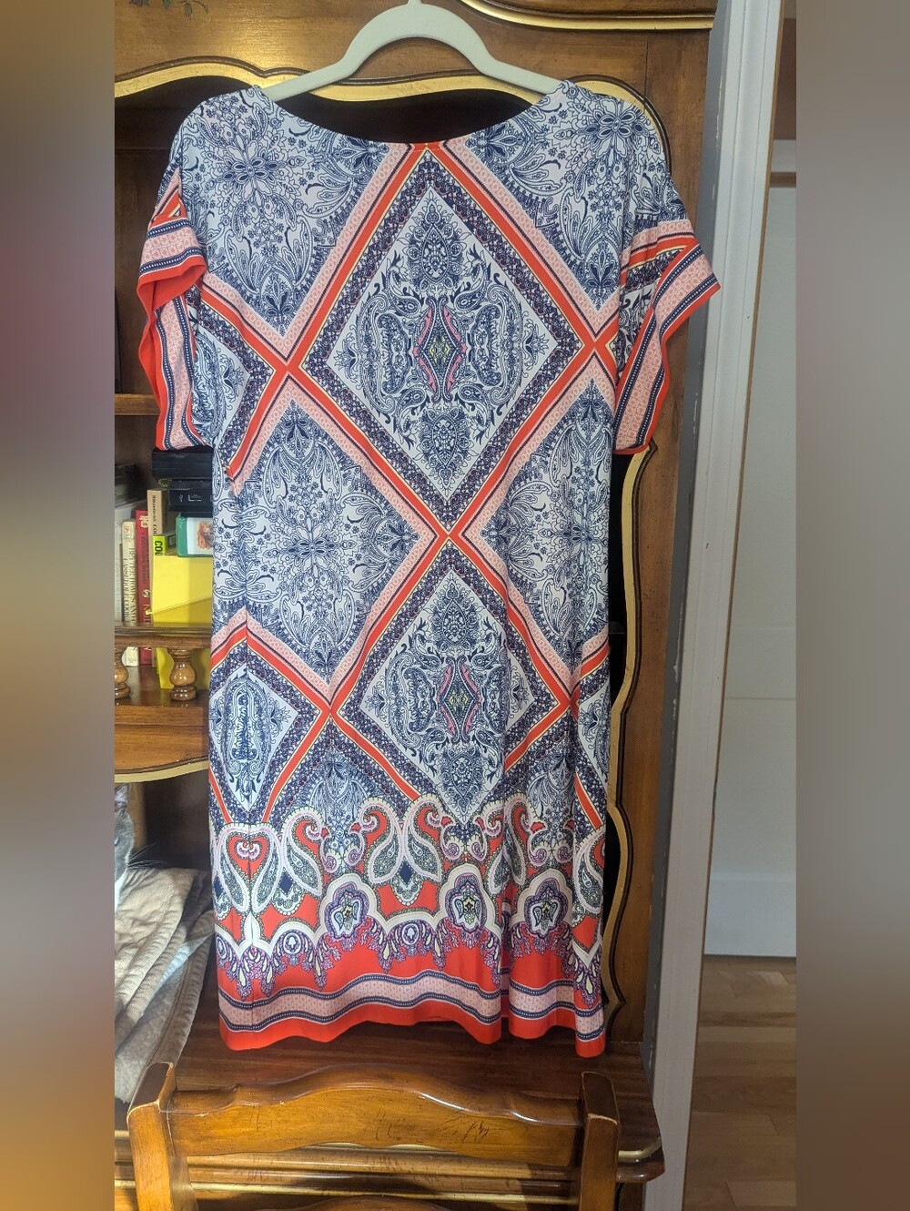 Studio One Coral and Navy Geometric Paisley Maxi Dress